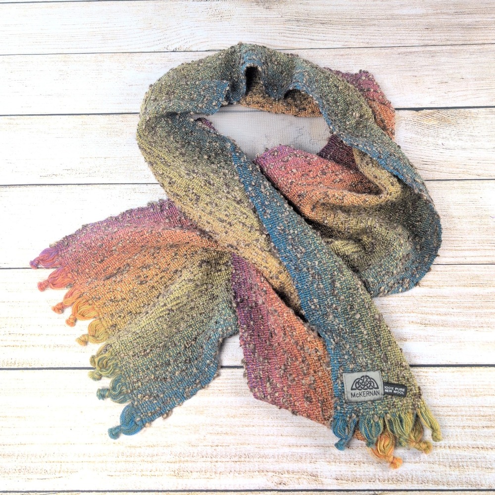 McKernan Ireland Pure New Wool Scarf Rainbow Ombre Boucle Tassel Fringe